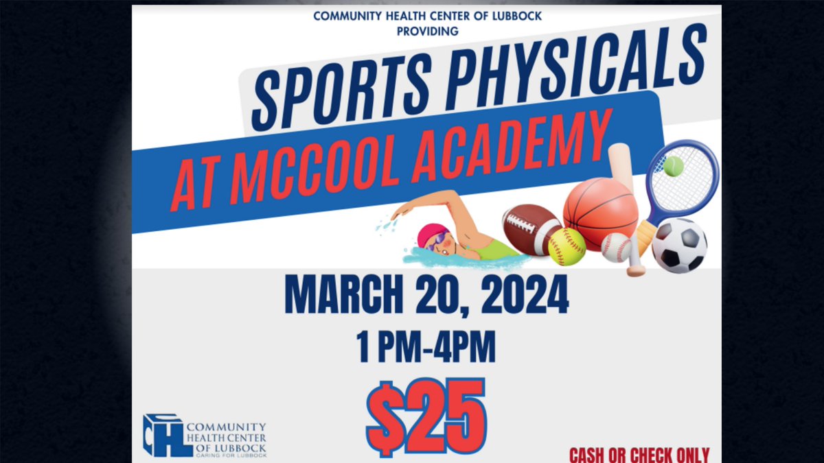 Be ready for the GAME next school year! Astronauts.....Get your 2024-25 Sports Physicals for 6th grade Pre-Athletics, 7th & 8th grade CA and future 9th grade athletes. @McCoolAcademy @LubbockISD