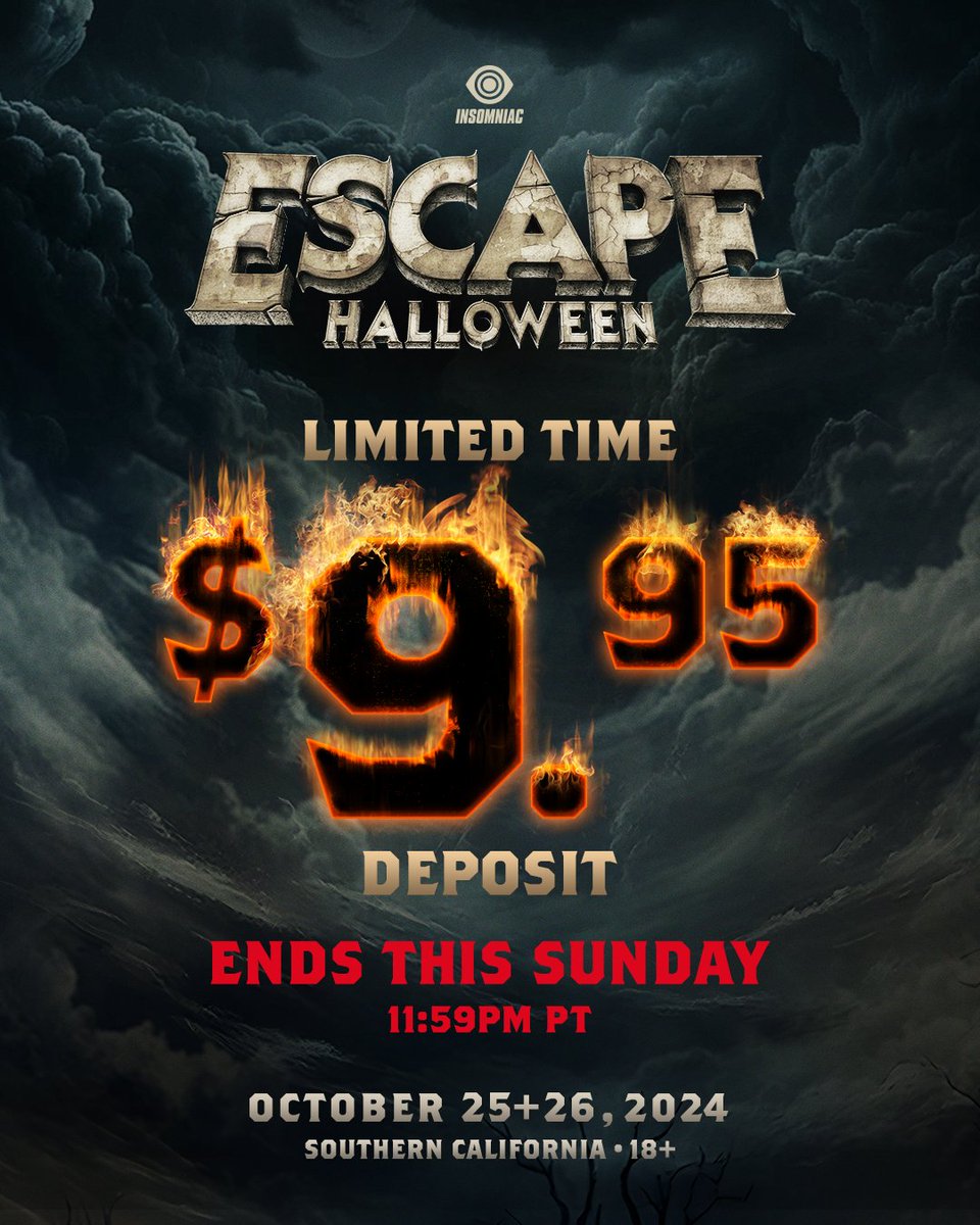 Hope you're ready for October, we can't get it off our minds! 😈 Last chance to secure your spot at a $9.95 deposit is This Sunday @ 11:59PM PT! 🚨 → insom.co/escape