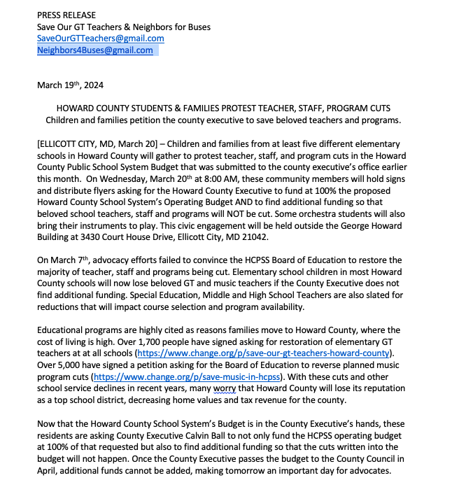"Be a Life Saver, County Executive Calvin Ball: Save our Staff! Teachers were MINT to stay in Howard County Public Schools."

PRESS RELEASE: Students &amp; Families gathering tomorrow morning to protest teacher, staff, program cuts in Howard County schools. See details in pics.
