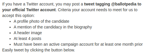 cabotnelson's tweet photo. Hey Sarah Groat of @ballotpedia... I completed these criteria. I trust that you'll be able to activate verify my identity. https://t.co/RuXfuxhIZ6