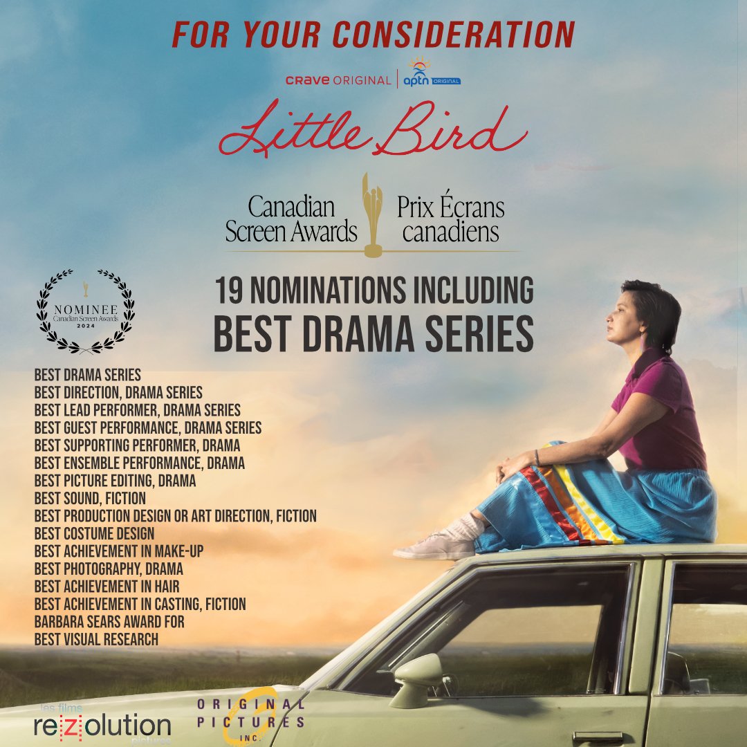 For Your Consideration:
Mar. 25 is the last day to vote for the #CanadianScreenAwards. Little Bird leads this year with 19 nominations!
Members @thecdnacademy vote here: 
portal.academy.ca/AcademyPortal/…

#LittleBirdSeries #CanadianScreenAwards2024 #ReclaimYourStory #SixtiesScoop