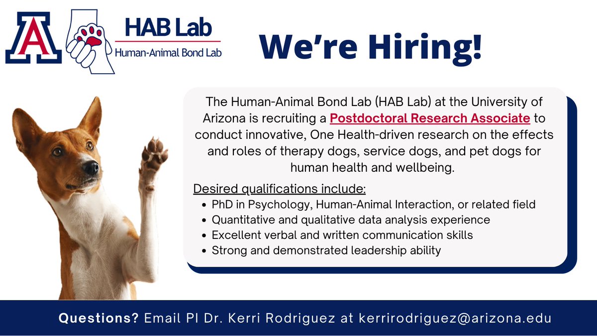 Join our team at @uarizona! I'm recruiting a Postdoc to lead innovative research on the impacts of the human-animal bond using a #OneHealth approach🐕‍🦺 Individuals from all backgrounds are encouraged to apply. Please share! Apply at: arizona.csod.com/ux/ats/careers…