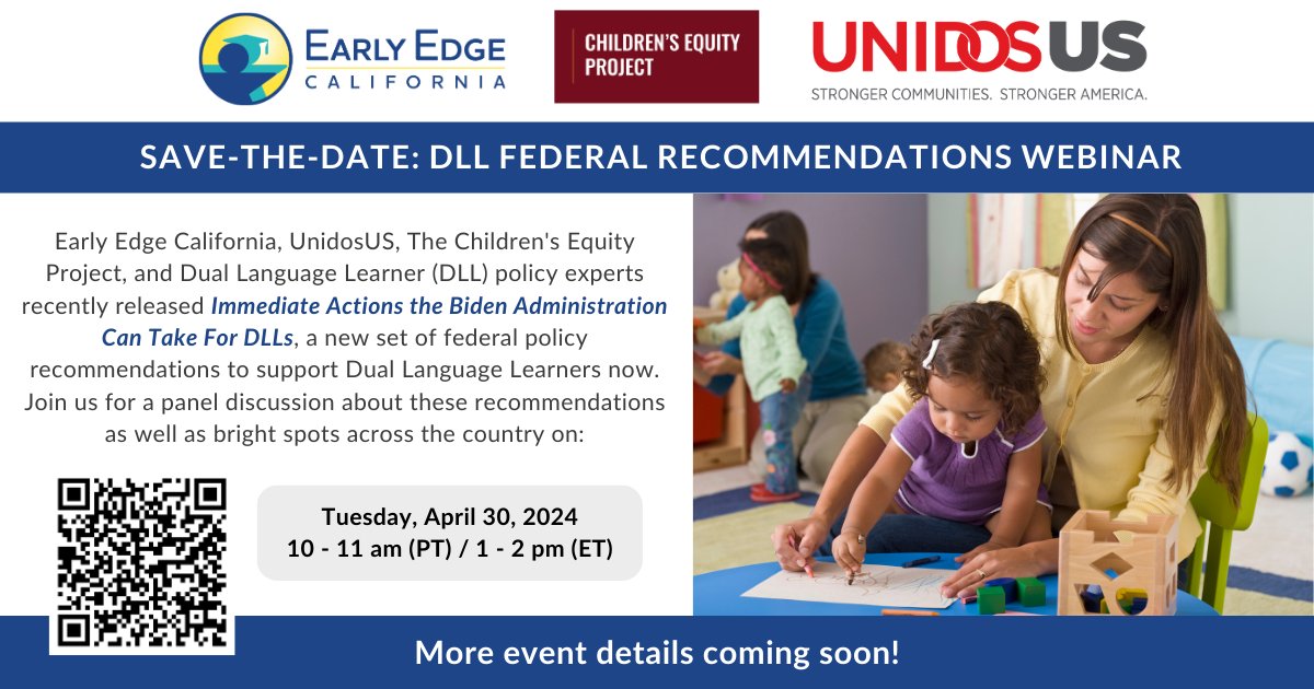EarlyEdgeCA's tweet photo. 📌 Save-the-date! 🗓️ Join us alongside @WeAreUnidosUS & @ChildrensEquity for a panel discussion about our new set of federal policy recommendations to #SupportDLLs now as well as bright spots across the country on Tuesday, 4/30.
✔️ Reserve your spot: https://t.co/e2COfezZrY https://t.co/wxW58R6DFG