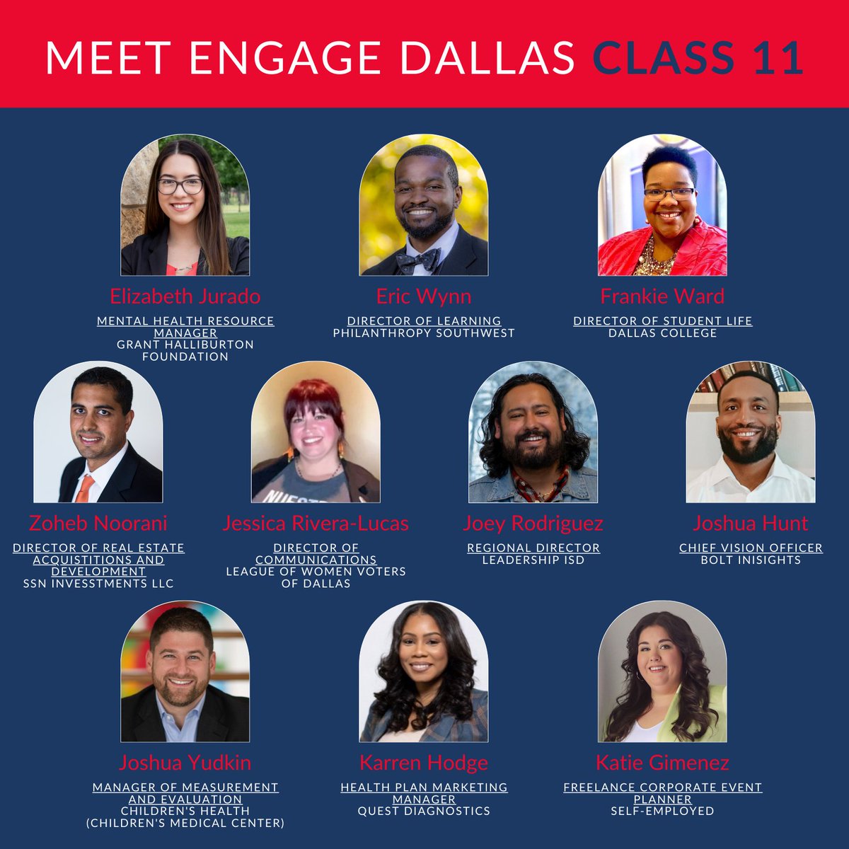 EngageDallas_'s tweet photo. We're excited to introduce you to Class 11! This group of dynamic individuals is set to drive impactful change here in Dallas County. From innovators to thinkers, creators to change-makers, Class 11 is a testament to our community's incredible talent and dedication. #MeetClass11 https://t.co/XQnycNSU4K
