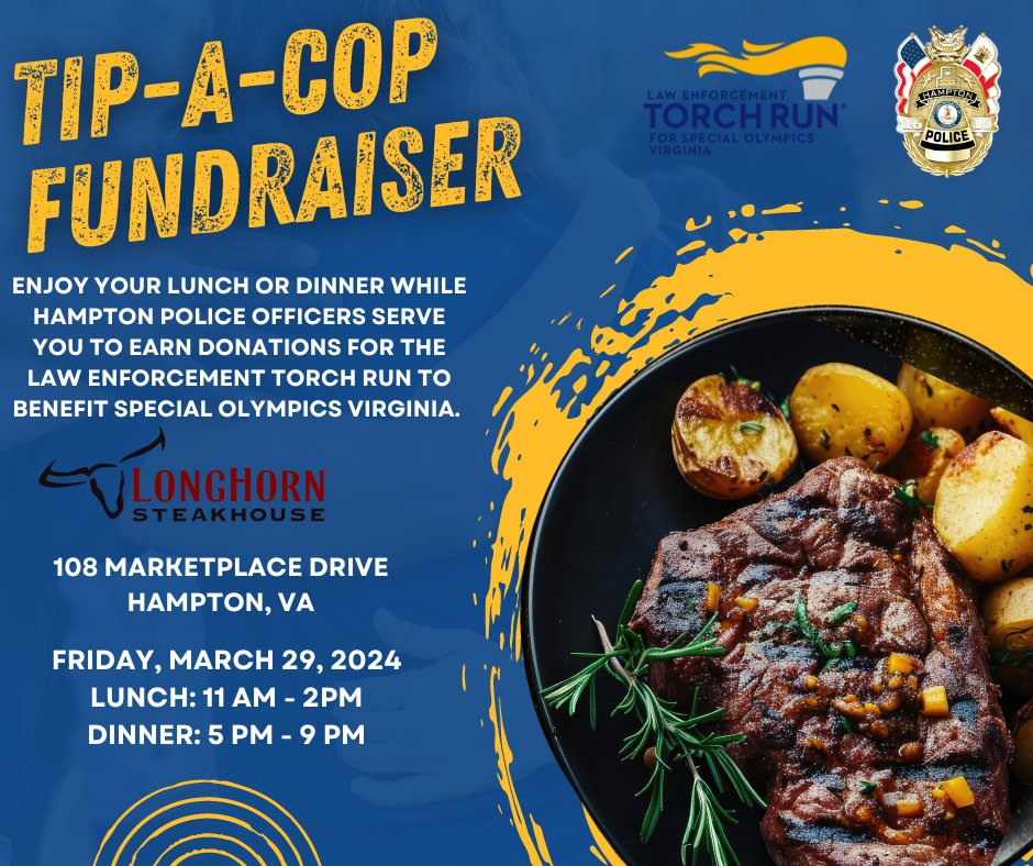 HPD will be participating in a Tip-A-Cop fundraiser on March 29th at LongHorn Steakhouse. Come out and support a good cause. hamptonvapolice.org/tip-a-cop-fund…