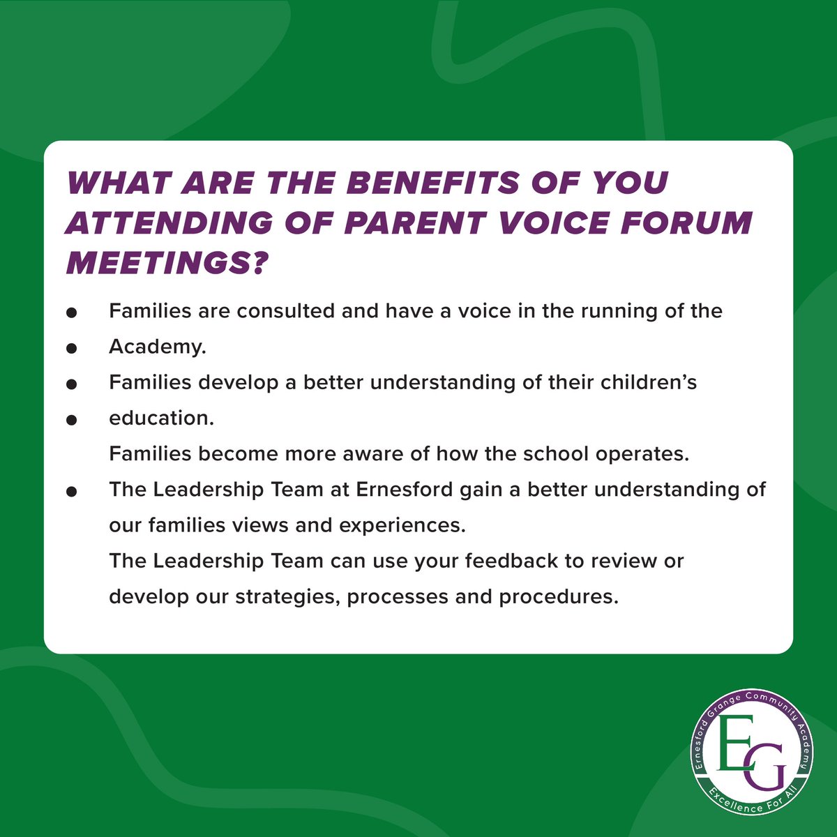 ➡️ Parent Voice Forum Meeting - Wednesday 20th March, 5:00pm - 6:00pm. ➡️ All families are welcome to join us. Please come via the Main Reception entrance and you will be greeted by a member of staff.