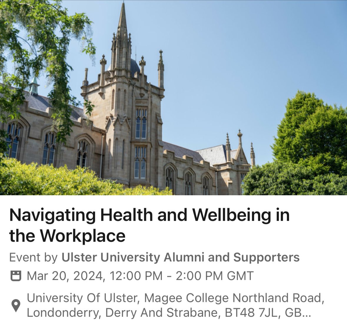 Really looking forward to being part of the panel tomorrow discussing the very important topic of health and wellbeing in the workplace, for a live recording of Ulster University Business School’s podcast, The Business of Possibility. @UlsterUni