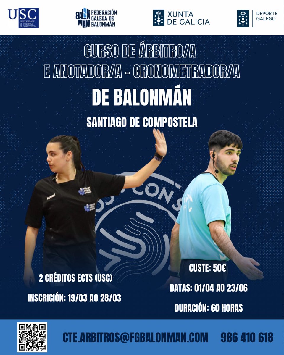 Fgabalonman's tweet photo. 🚨ABRIMOS INSCRICIÓNS🚨

Dende hoxe queda aberto o prazo de inscricións para o curso de árbitro/a e anotador - cronometrador.

Aproveita a recta final da tempada para crecer na túa formación, formar parte do colectivo arbitral e seguir facendo medrar o balonmán galego‼️

Ademais disto, se es alumno ou alumna da USC, terás un beneficio engadido 😉

ℹ️ Tedes toda a información necesaria no seguinte enlace (ligazón de inscripción, datas, bases...).

https://t.co/dFDC6dGpyw

#ConSeloGalego #Cursoarbitro #Cursoanotadorcronometrador #Balonmangalego #Sigamosmedrando