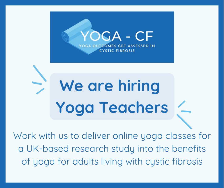 If you are a #yoga instructor and want to be involved in this exciting, multi-centre RCT evaluating the impact of yoga on people with #cysticfibrosis please click the link for more information &amp; to apply: forms.gle/N8R1F7y28zvjCb… 
<a href="/YOGACFresearch/">YOGA-CF</a> <a href="/GemStanf/">Gemma Stanford (PhD)</a>