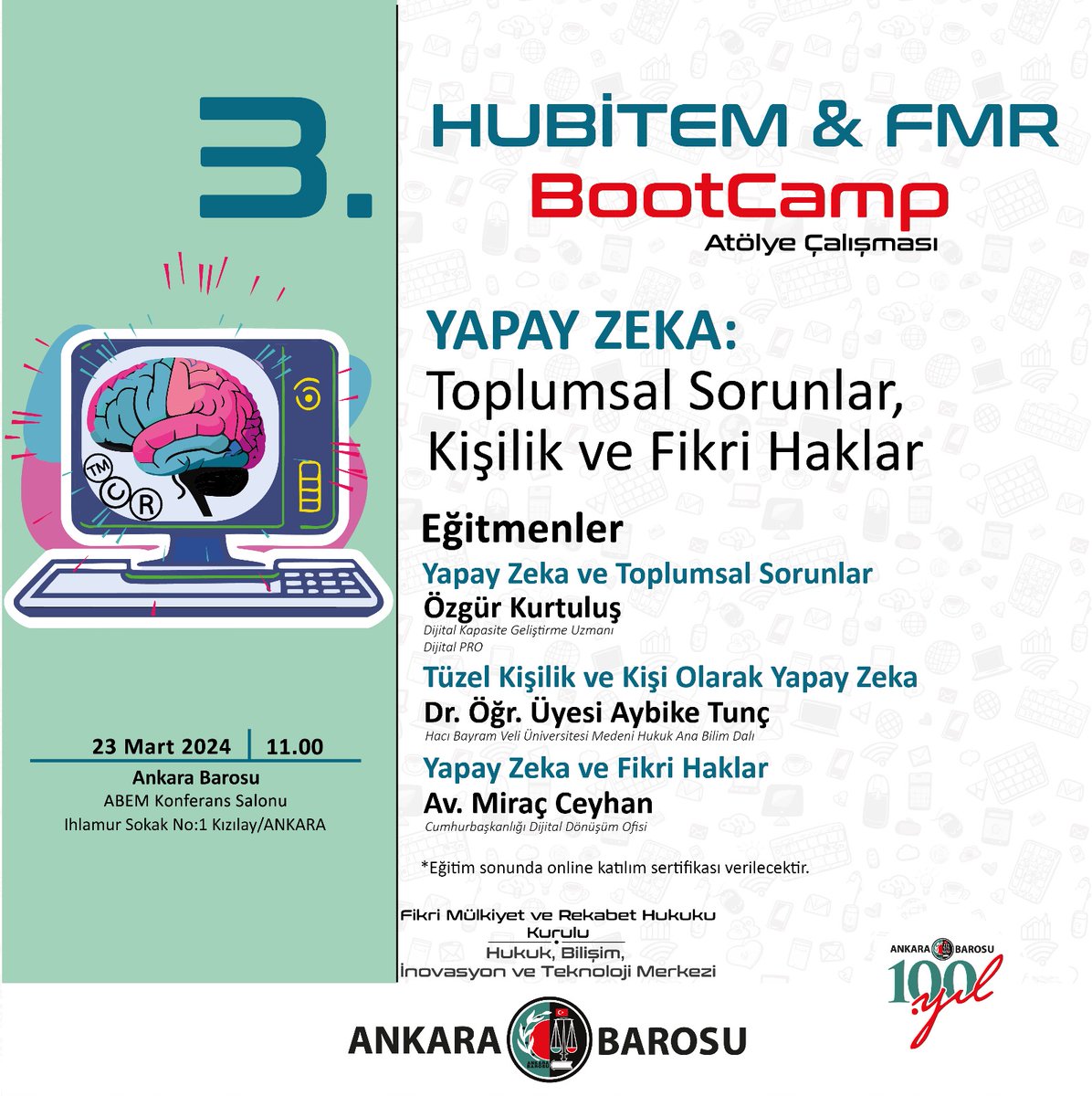 hubitembaro's tweet photo. Değerli Meslektaşlarımız, 
HUBİTEM Bootcamplerinin üçüncüsünde FMR Kurulu ile bir araya gelmekten büyük memnuniyet duyuyoruz. Bu ortak etkinlikte "Yapay Zeka: Toplumsal Sorunlar, Kişilik ve Fikri Haklar" konusunu detaylı bir şekilde ele alacağız. 
https://t.co/Ge8IwSQEaD https://t.co/w040bVzyTc