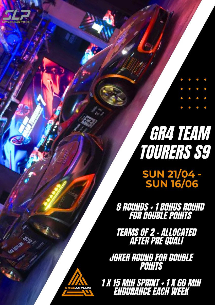 race_asylum's tweet photo. 🏁 GR4 TEAM TOURERS SEASON 9 🏁 

Sunday 21st April - Sunday 16th June 2024

PRE-QUALI - Sunday 7th April to set lobbies 

Lobbies open at 7:30pm BST

Sign Ups Close - 6th April 

Sign up on SLP  https://t.co/wIuyL7H2al https://t.co/piZUlwv6ha