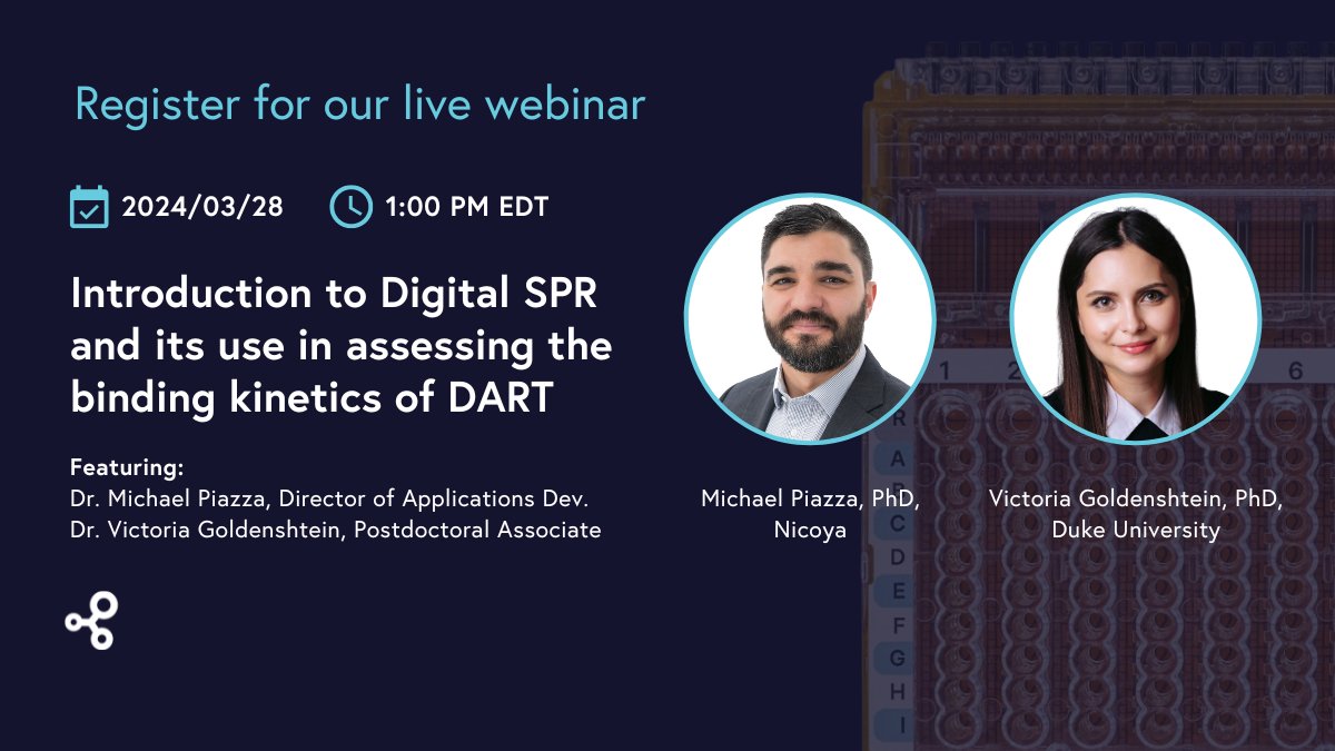 Nicoya_Life's tweet photo. Don’t miss out on our upcoming live webinar, “Introduction to #DigitalSPR and its use in assessing the #bindingkinetics of DART” on March 28th at 1PM EDT! Featuring speakers Dr. Victoria Goldenshtein and Dr. Michael Piazza.

Register now: https://t.co/UBSLq20ncV https://t.co/Ut3p2stt0f