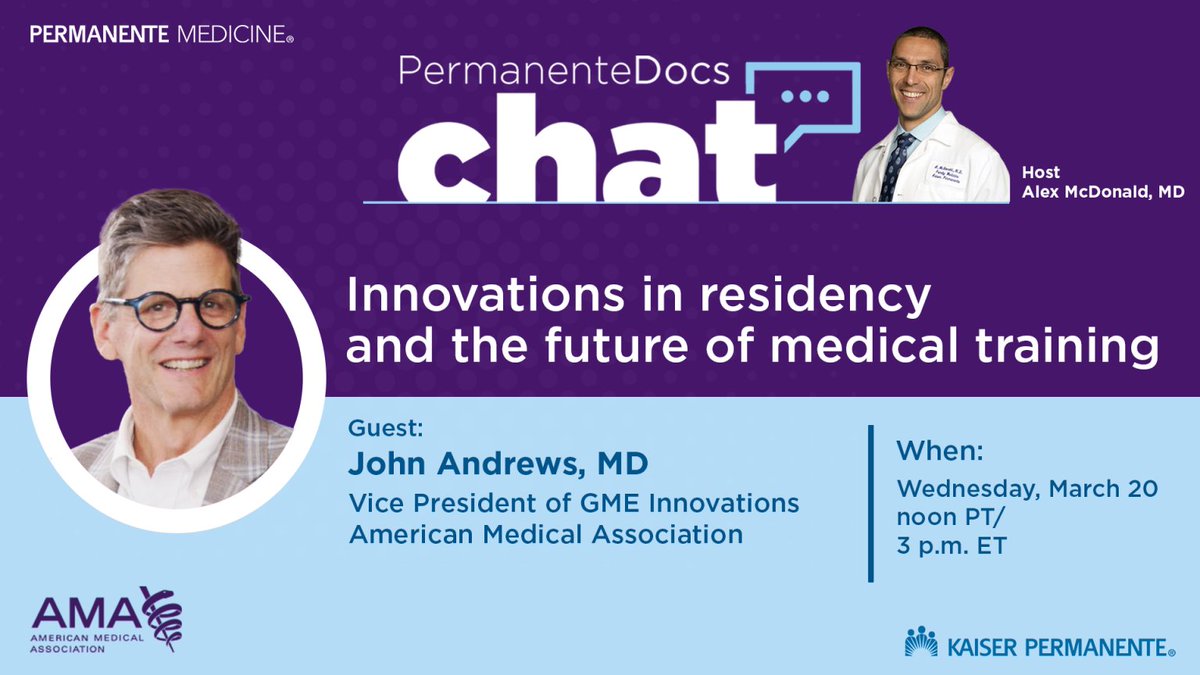 We're excited for the next @PermanenteDocs chat w/ host @AlexMMTri and Dr. John Andrews as they discuss how residency programs are evolving to attract top talent. To learn how you can stand out as a future applicant, register here: kpsom.link/4akeO3Y