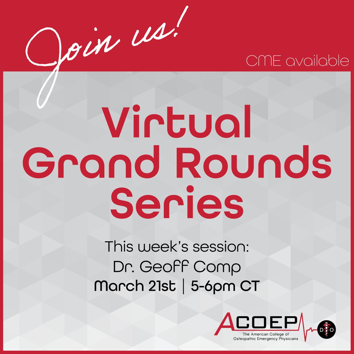 Dr. Comp will be joining us for our next Virtual Grand Rounds webinar Thursday, Mar 21st at 5 pm CT. We hope you can join us! ow.ly/xjlW50PSzBm