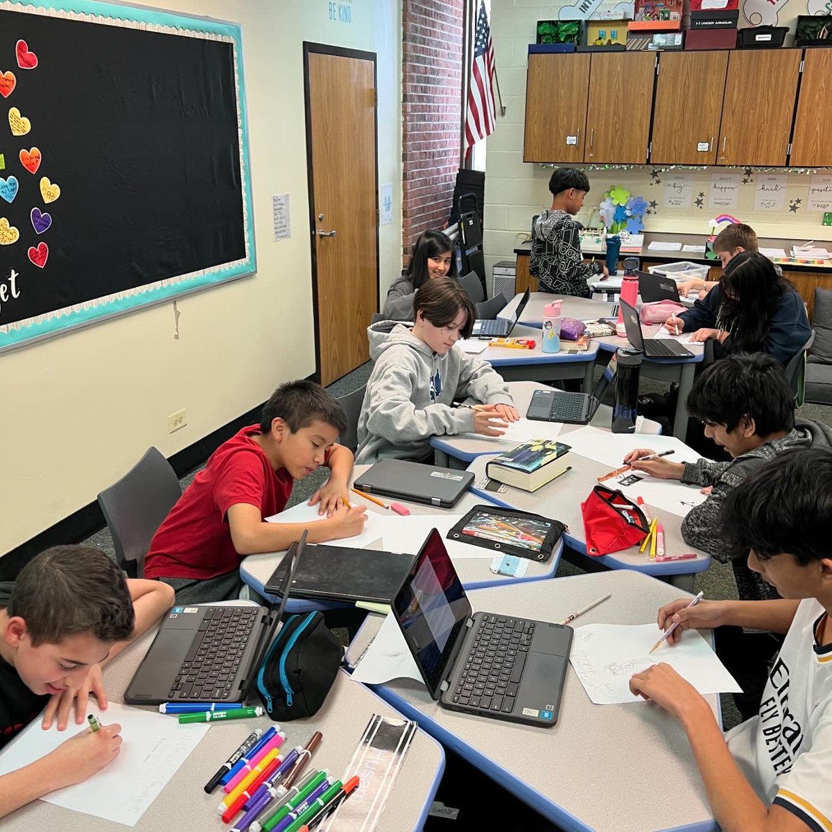 6thWithWright's tweet photo. Sharing their biographies with a partner in our “celebration” stage of our writing process. Their partner was challenged with reading and illustrating a cover based on the information they learned from their classmate’s writing. We ended with a gallery walk to share! #hooverhawks https://t.co/ykFREWRxxH