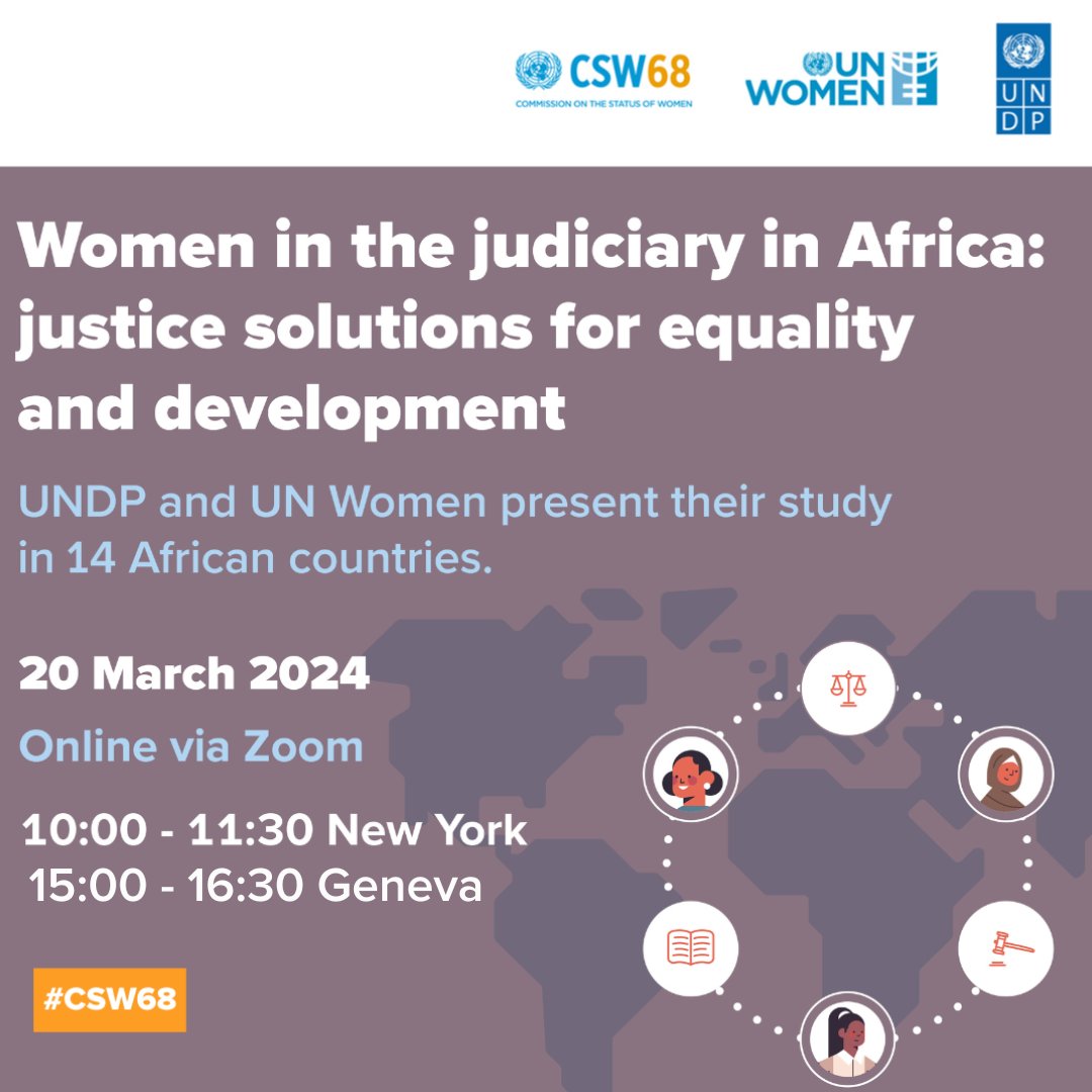 Excellent speaker lineup to advocate for more women in the judiciary. Experiences from Guinea-Bissau, Kenya, Nigeria, Tanzania, Zimbabwe - & beyond. Join @UNDP & @UN_Women #CSW68 event co-hosted by @GermanyUN @KenyaMissionUN @KingdomNL_UN @ZimbabweUN 👉bit.ly/49FVJcC