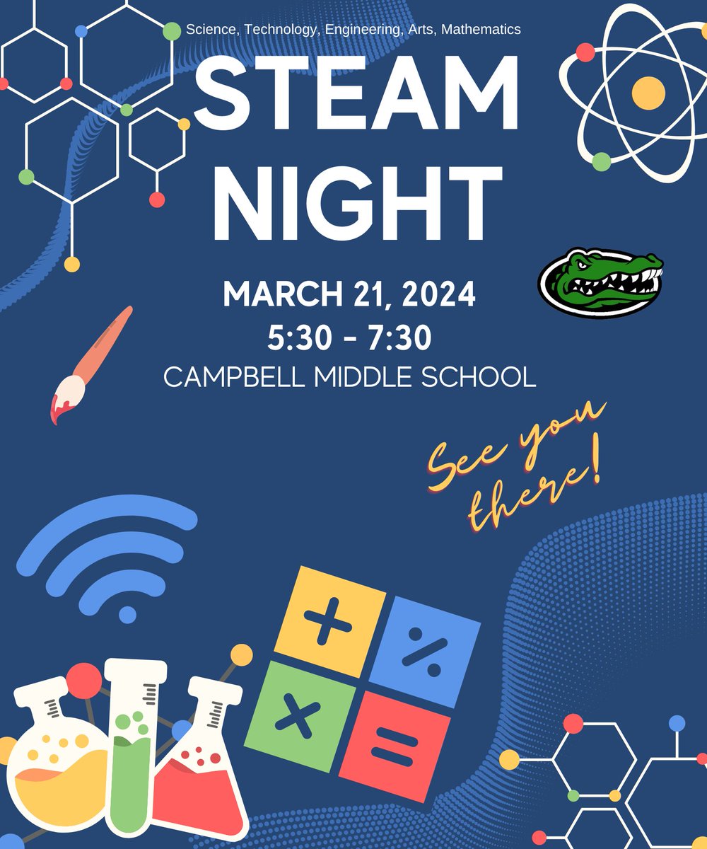 Join us Thursday at @CampbellGators for STEAM Night! I am looking forward to joining forces with math, science, technology, engineering, and art for a night of 'gator-iffic' fun!!! 🐊 Thanks again to @exxonmobil for making this happen! @RashadBolt @angie_yurch @DougKillian