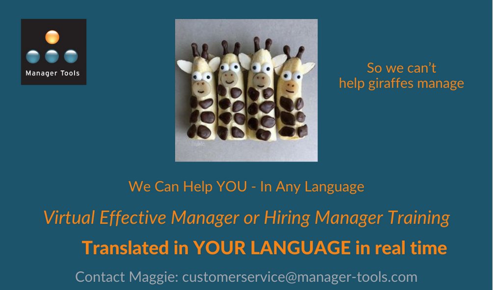 managertools's tweet image. Effective Manager or Hiring Manager Training in a language of your choice, in real time delivered virtually.
Contact Maggie: customerservice@manager-tools.com to learn more!

#effective  #inyourlanguage