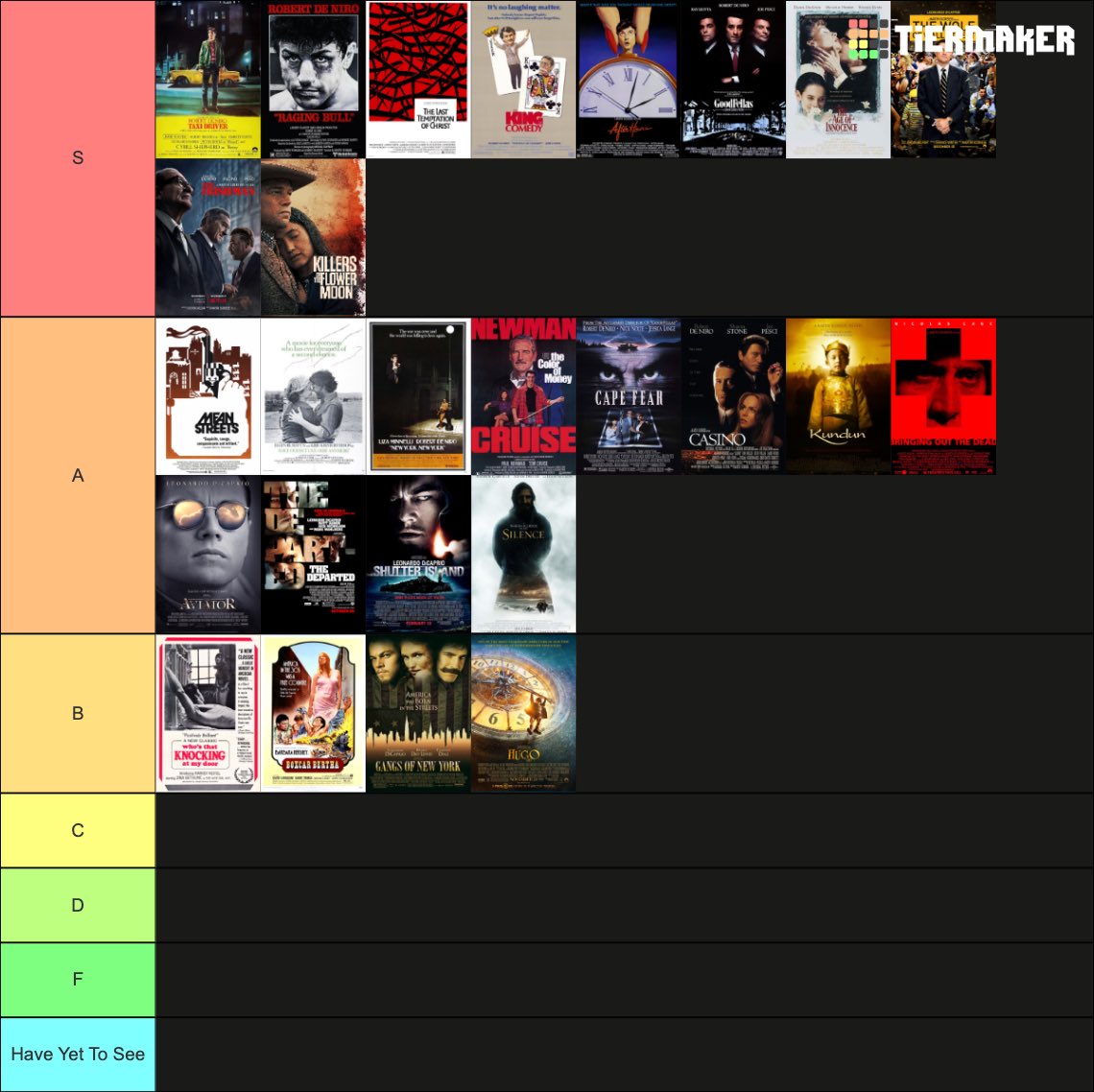 a few weeks ago on the podcast (@TheFranchisees) we ranked the filmography of Martin Scorsese. part of the bit is he’s so good that there’s only three tiers. take a look below! and if you want to air any grievances please email thefranchiseespod@gmail.com