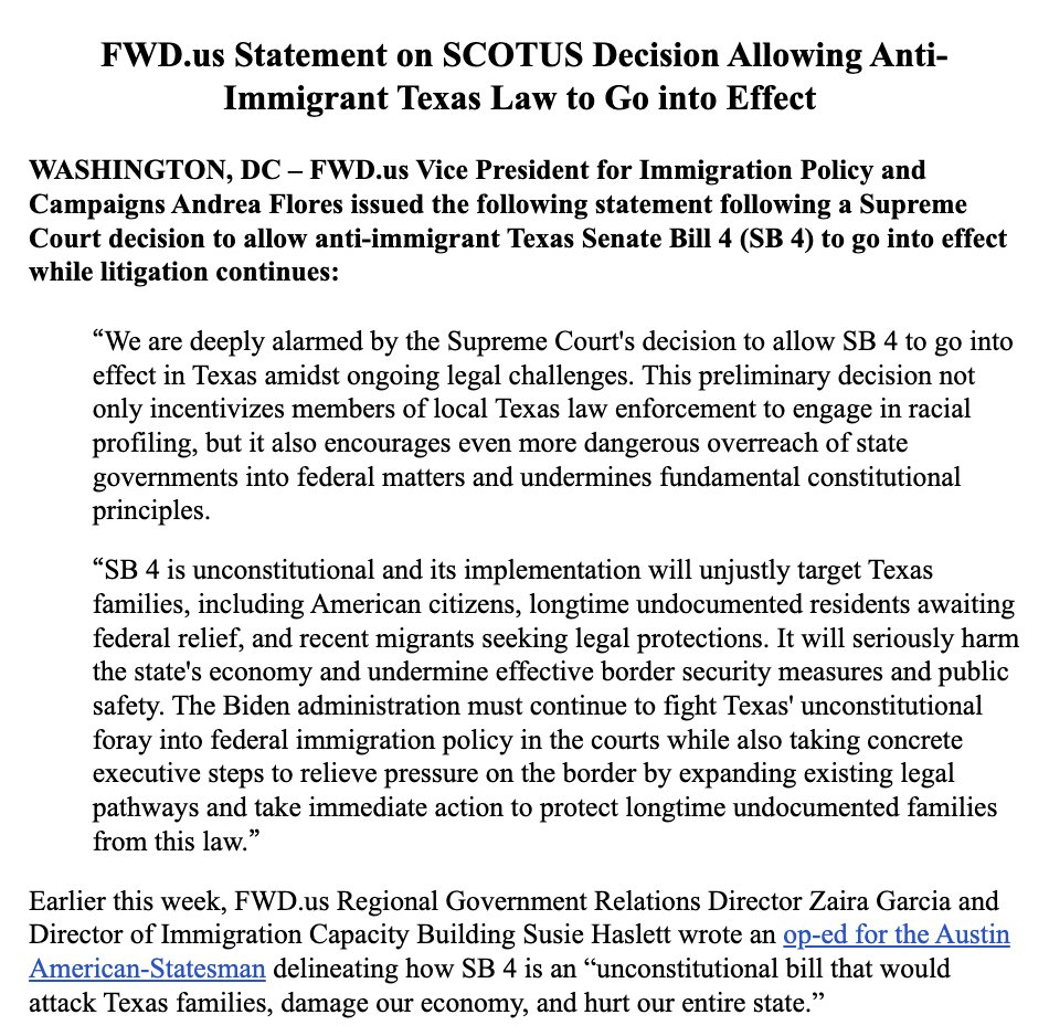 NEW @FWDus Statement on SCOTUS Decision Allowing Anti-Immigrant Texas Law to Go into Effect fwd.us/news/fwd-us-st…