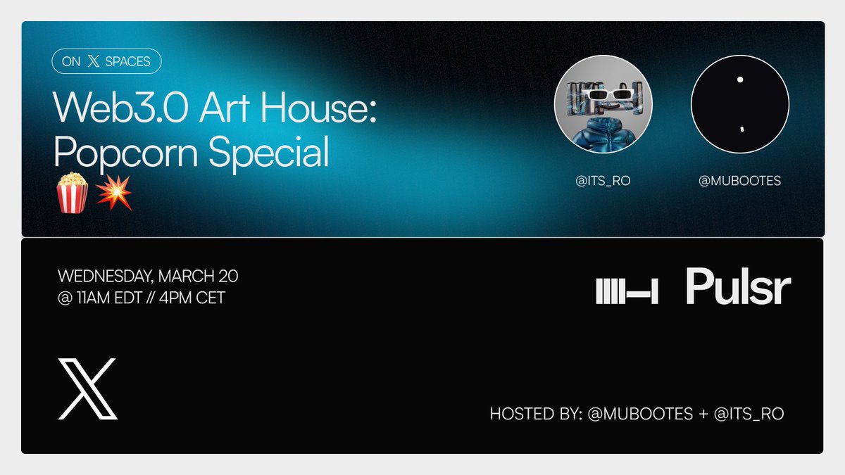 Pulsr (@pulsr_ai) on Twitter photo We're back for another Web3.0 Art House: Popcorn Special! ๐ฟ๐ฅ
You're the kernel, and our space is the microwave. Jump up to speak with your hosts! <a href="/mubootes/">mubootes</a> + <a href="/ITS_RO/">โฆ ro โฆโฆโฆ</a> will hit you with a question.
Artist, Collectors, Curators, first-time speakers โโย all welcome!! ๐ซ๐
๐ We're back for another Web3.0 Art House: Popcorn Special! ๐ฟ๐ฅ
You're the kernel, and our space is the microwave. Jump up to speak with your hosts! <a href="/mubootes/">mubootes</a> + <a href="/ITS_RO/">โฆ ro โฆโฆโฆ</a> will hit you with a question.
Artist, Collectors, Curators, first-time speakers โโย all welcome!! ๐ซ๐
๐