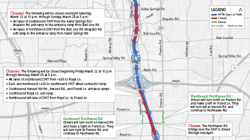 Continued repairs to the Northaven bridge will close SB DNT between I-635 and Royal Ln. late Fri. into early Mon. 

DNT will be closed in both directions between Belt Line Rd. and Keller Springs Rd. in Addison overnight Sat. into Sun. for DART Silver Line project. 

Details below