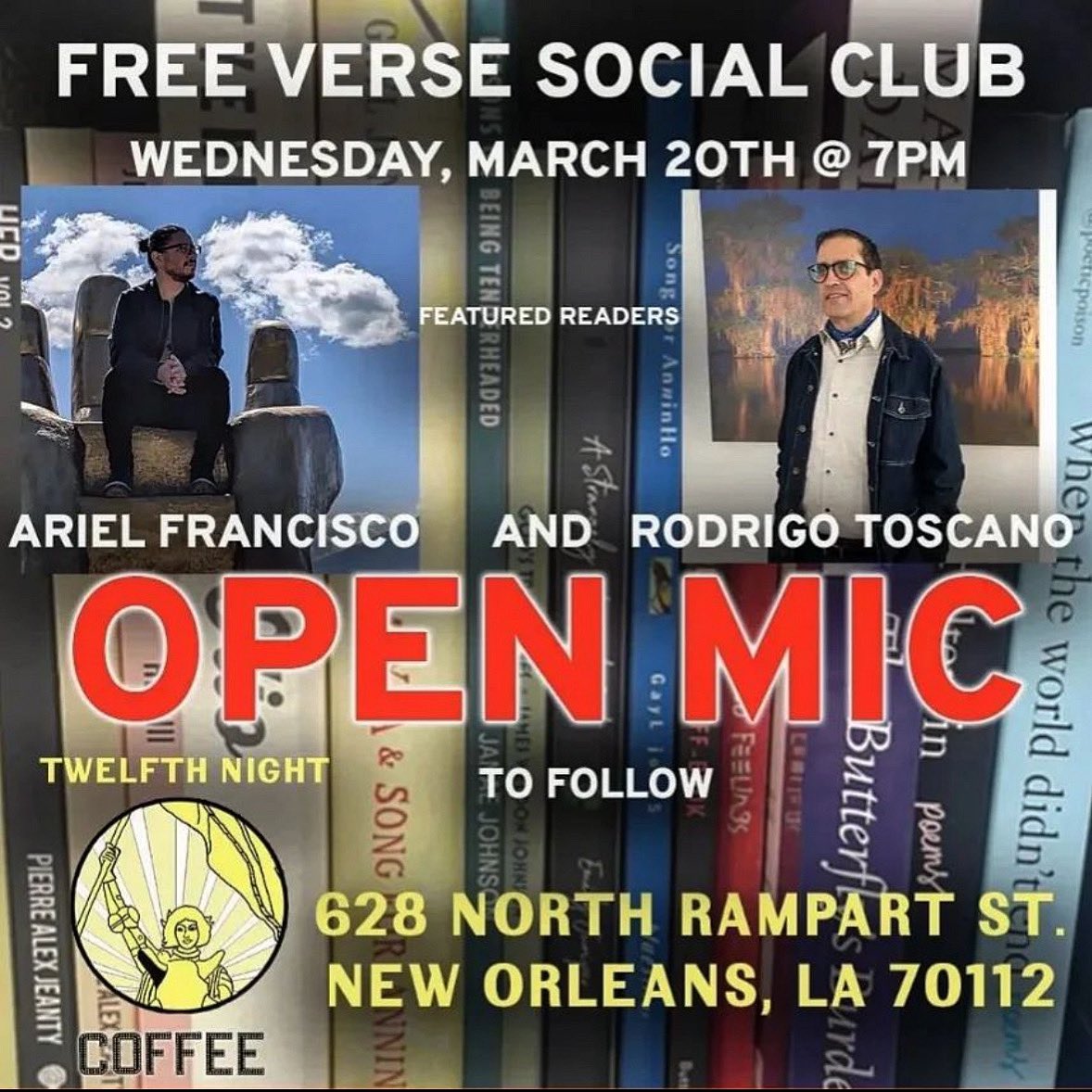 Support Creative Writing Professor @AriCisco at the Free Verse Social Club reading, also featuring Rodrigo Toscano, hosted by Twelfth Night Coffee! Located in the New Orleans, the reading will take place tomorrow, March 20th, at 7pm. We’ll see you there!