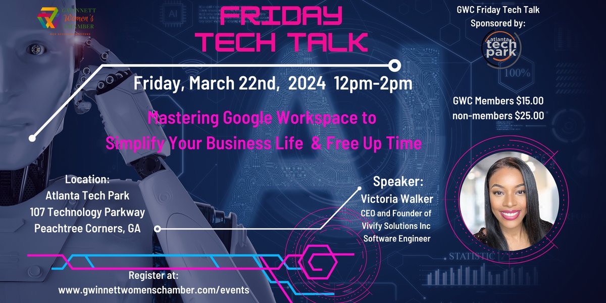 Don't miss the Gwinnett Women's Chamber: Tech Talk - Mastering Google Workspace on 3/22 from 12-2! Register here: bit.ly/3T8GgL2