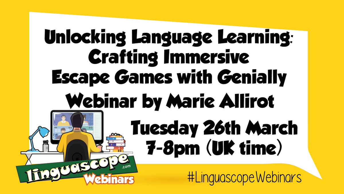 Tuesday 7pm=@linguascope webinar time with @MarieAllirot unlocking language learning crafting immersive #escapegames with @genially #mfltwitterati #mflchat #langchat #edutwitter come join us & register for free via the @linguascope staffroom/webinar app or bit.ly/3TSvvyp