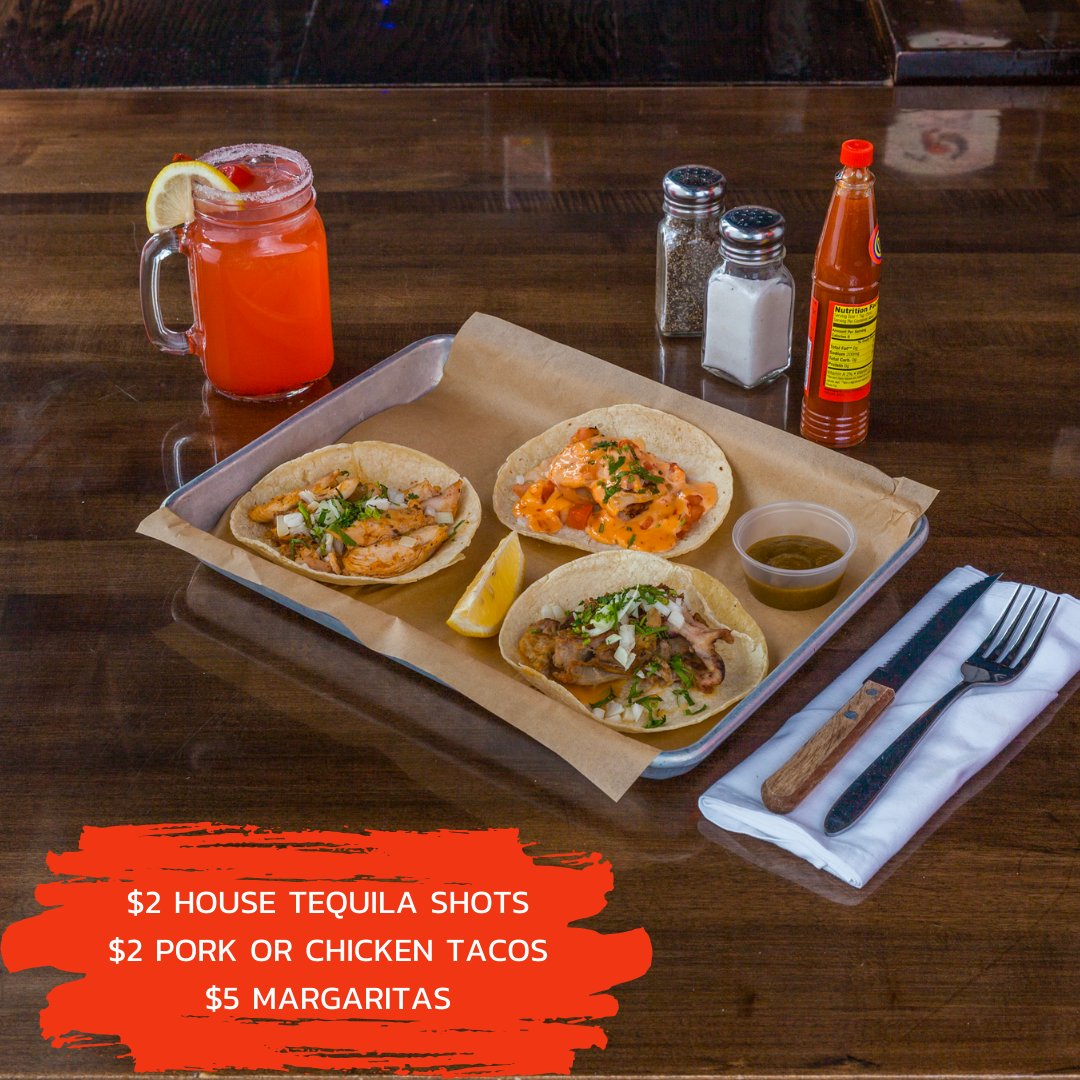 Turn up the Tuesday fun with our Taco &amp; Tequila deals! House Tequila Shots, Pork or Chicken Tacos, and Margaritas are all on the menu. Join the fiesta! 🤩
