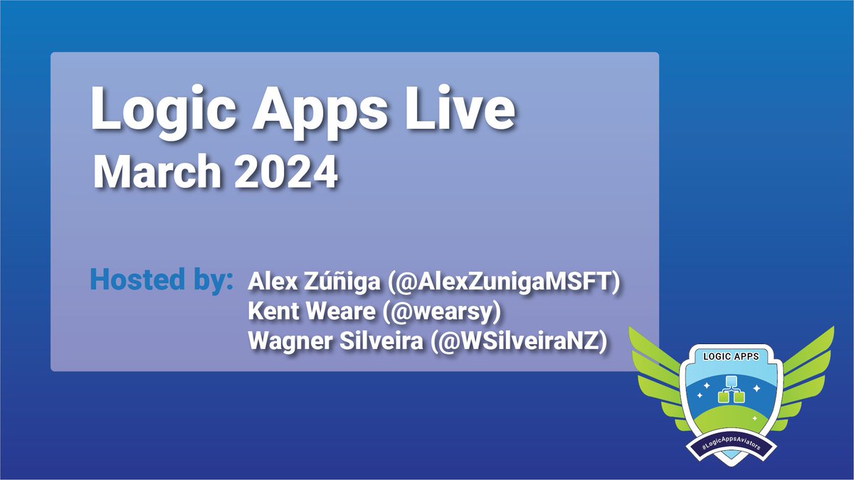 WSilveiraNZ's tweet image. Logic Apps Live - Mar 2024, is scheduled for March 29, 2024 at 11:00 AM PST! Come join us as we go over the latest news, updates, and answer as many questions as we can!
aka.ms/lalive
#LogicAppsAviators #AzureDevelopers #Integration