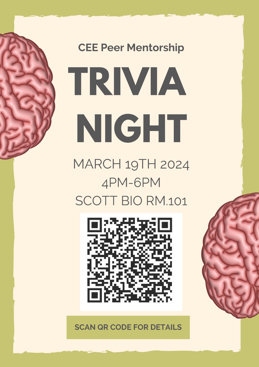 TONIGHT is Trivia Night! Join our Peer Mentors and Student Ambassadors at 4:00pm in Scott for an old-school trivia competition (no devices!). So grab a team, decide on a witty team name, and prepare for a (laid-back) battle of the brains! RSVP here: docs.google.com/forms/d/e/1FAI…