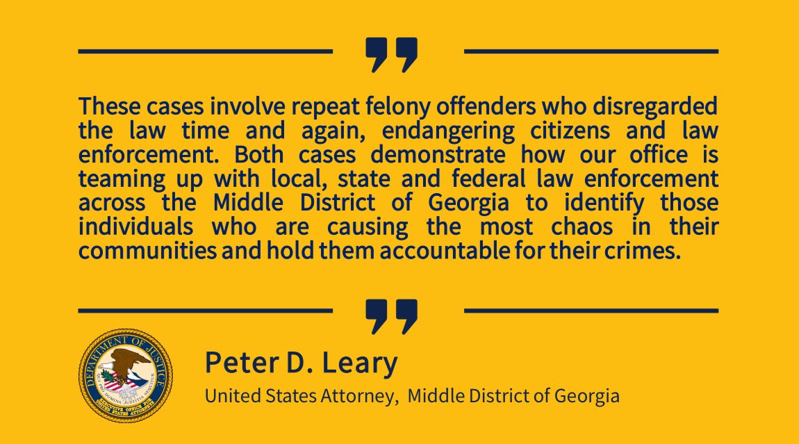 Two Middle Georgia Repeat Felony Offenders with Lengthy Criminal Histories Sentenced in Separate Drug Trafficking Cases Full release: justice.gov/usao-mdga/pr/t… @FBIAtlanta @accpolice @DEAATLANTADiv