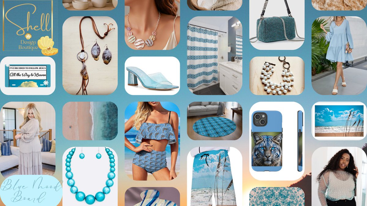 A blue mood board reminiscent of a beautiful beach day, showcasing some of the many items sold on shelldesignboutique.com.  Check us out! #shelldesignboutique #bluemood #bluemoodboard #beachdays #skyblue