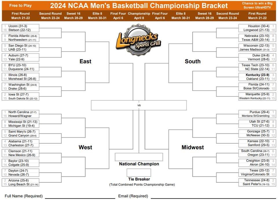 LongnecksSG's tweet photo. Annual Longnecks Madness Tourney Bracket to win a Big Screen UltraHD TV is back and free to play. You just have to stop in to any of our 3 locations to fill one out prior to the start of the games on Thursday at noon. https://t.co/SC4YpV53XS