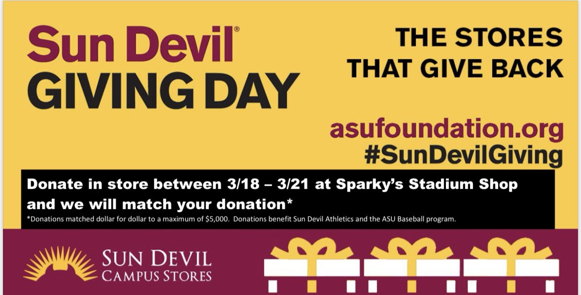 Hey @TheSunDevils fans. Did you know you can support Back Your Devils Week at Sparky’s Stadium Shop? You can give any amount and we will match it. You can also give at the @ASU_Baseball games today and tomorrow. #BackYourDevils