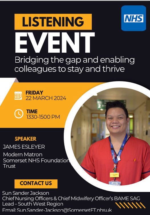 This Friday, please come and join us to hear from @jamesmarthy01⬇️ All colleagues are welcome & we particularly welcome our managers who support internationally trained colleagues & #allies across the Southwest. Please DM me for the link to join 🥰@CNOBME_SAG @stayandthrive 💕