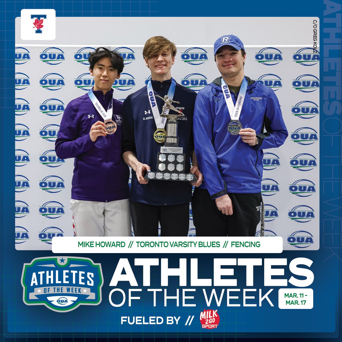 Finishing off Strong 💪🏽 @Varsity_Blues Erica Fryer (🏒) & Mike Howard (🤺), and @WlooWarriors Tatum James (🏒) have been named #OUA athletes of the week, fueled by #Milk2GoSport.  #WeAreOne #OUAAOTW #MadeInTheOUA