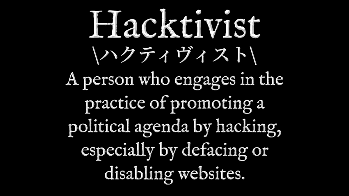 DictionaryWear's tweet photo. Hacktivist \ハクティヴィスト\ (hakutivisuto) - a person who engages in the practice of promoting a political agenda by hacking, especially by defacing or disabling websites.

https://t.co/ZctQUSURBb

#Hacktivist #ComputerEthics [See: Hacktivist] #Cybersecurity #DictionaryWear https://t.co/U3ZuNL0q7B