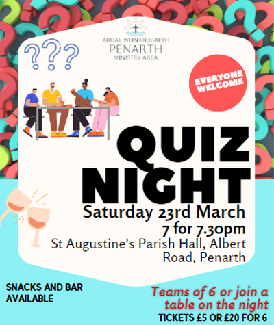 penminarea's tweet photo. Our Big Ministry Area Quiz is happening this Saturday 23rd March at St Augustine's Parish Hall, Penarth. Doors open 7pm. Lots of fun and quizzing, with licenced bar for wine &amp; beer plus nibbles. Tickets still available at Ticketsource https://t.co/mzZnhng6KN https://t.co/iN43gopOIZ