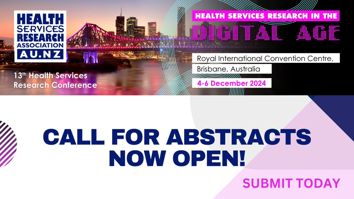 📢 Call for Abstracts now open! We invite you to submit an abstract and be part of the 13th Health Services Research Conference later this year in Brisbane! #HSR24 ➡️Find out more and submit your abstract: eventstudio.eventsair.com/hsr-2024-confe…