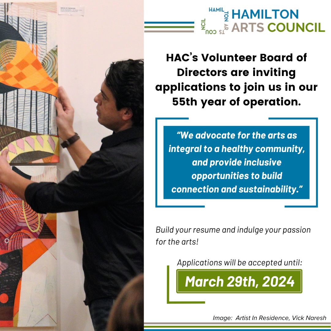 🌟🎨 Hamilton Arts Council is seeking new board members to guide us into our 55th year. Lend your voice, and your skills, to help us champion arts & community connection! 🤝 📆 March 29, 2024 🔗 hamiltonartscouncil.ca/join-the-board #HamOnt #ArtForChange #CommunityBuilding #ApplyNow
