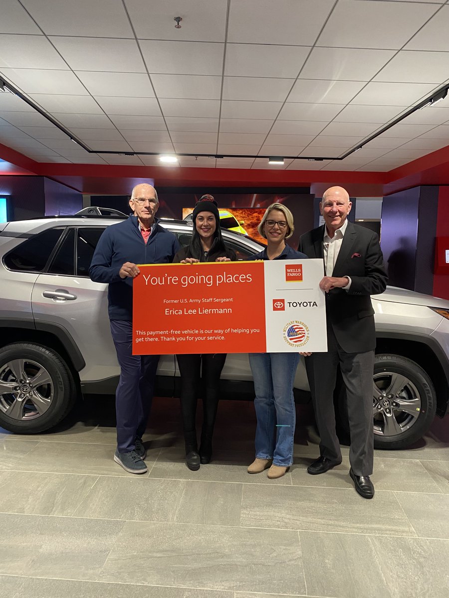 Wells Fargo Center is honored to present a payment-free 2024 Toyota Rav4 to Former U.S. Army Staff Sergeant Erica Liermann thanks to the collaboration between @WellsFargo, the Tri-State @Toyota Dealers Association and Military Warriors Support Foundation’s Transportation4Heroes…