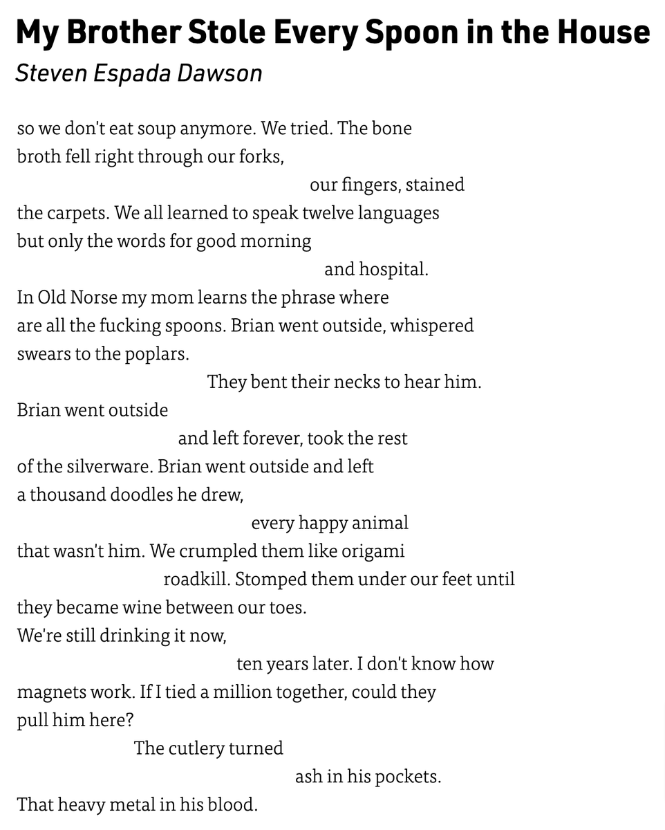 'My Brother Stole Every Spoon in the House', a poem by Steven Espada Dawson (@stevenespadaw) poems.com/poem/my-brothe… via @Poetry_Daily and @sarabandebooks