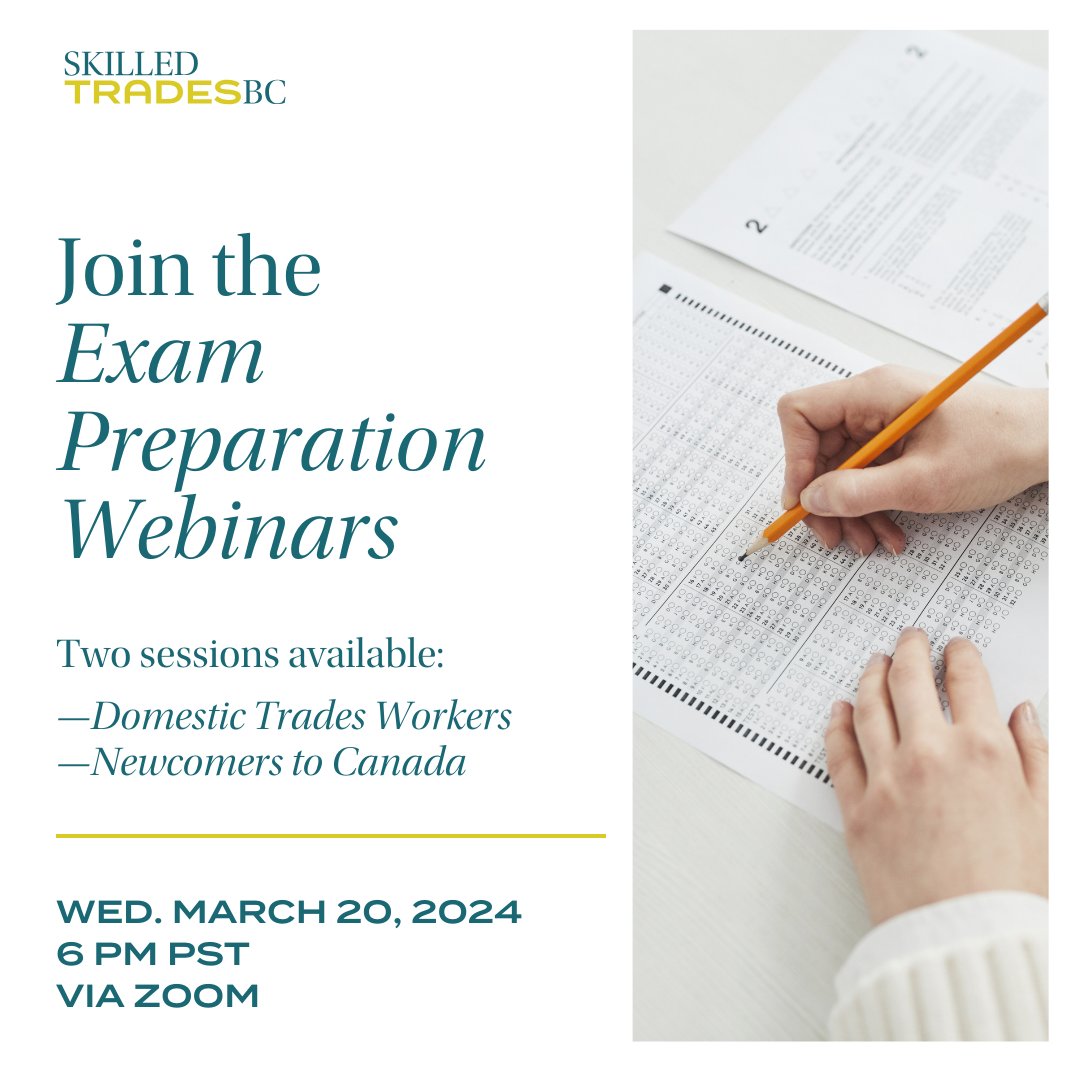 Don't miss out! Join SkilledTradesBC's Apprenticeship Advisors tomorrow for these webinars on how to prepare for your exam. Register here - loom.ly/wMNSkU4