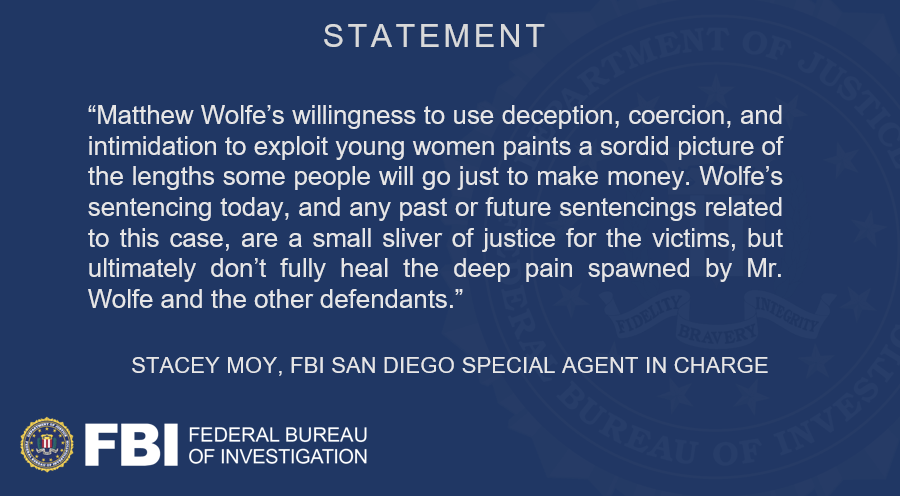 Matthew Wolfe was sentenced in federal court to 14 years in prison for his role in a conspiracy to deceive & coerce young women into appearing in pornographic videos. Read more: justice.gov/usao-sdca/pr/f…