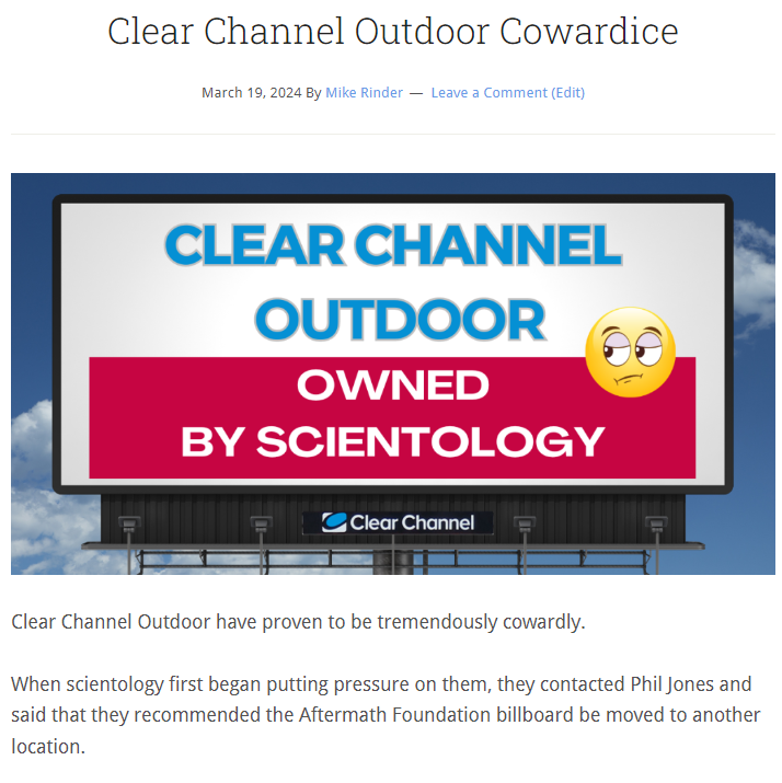 MikeRinder's tweet photo. Unfortunately, @ccoutdoor have demonstrated their cowardice in the face of threats from #scientology. Imagine owning 70K plus billboards and being intimidated by a cult? Scientology owned them. 
https://t.co/EMLtzJBxYt https://t.co/RzB6gD7jaU