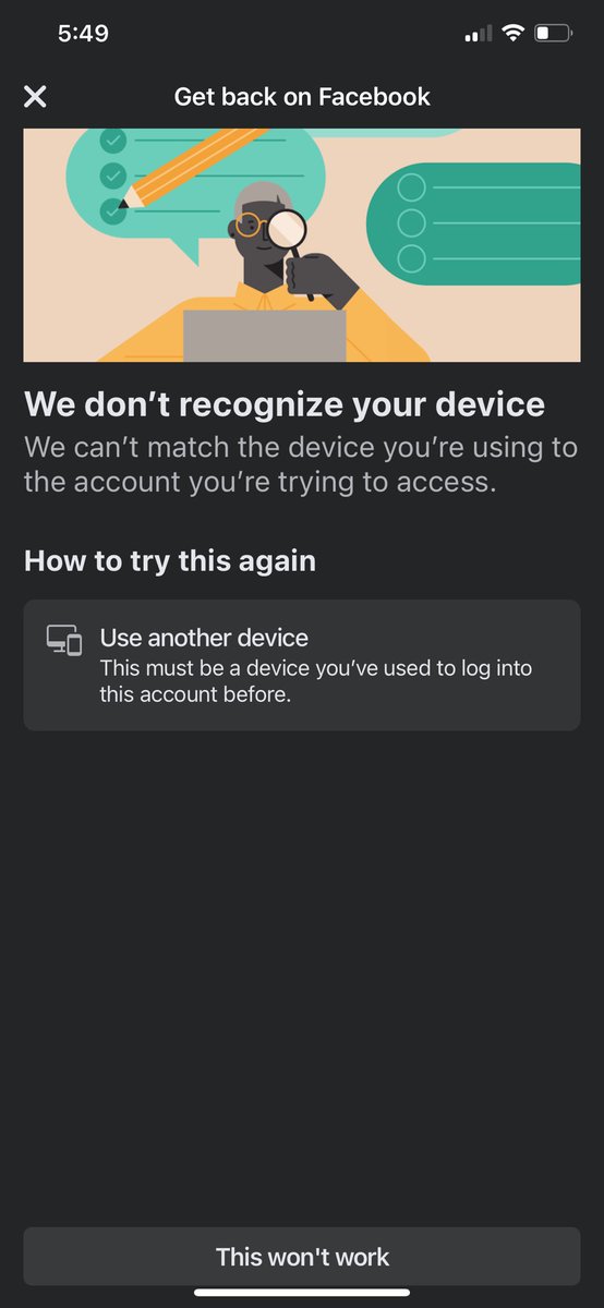 FullMoonPainter's tweet photo. @facebook how can you tell me that you don’t recognize my device when you told me a few screens earlier you did? Can I get some help?  #Hacked #HackedAccount #HackedFacebook #facebookhacked #facebooksupport https://t.co/nrjeWjvMFI
