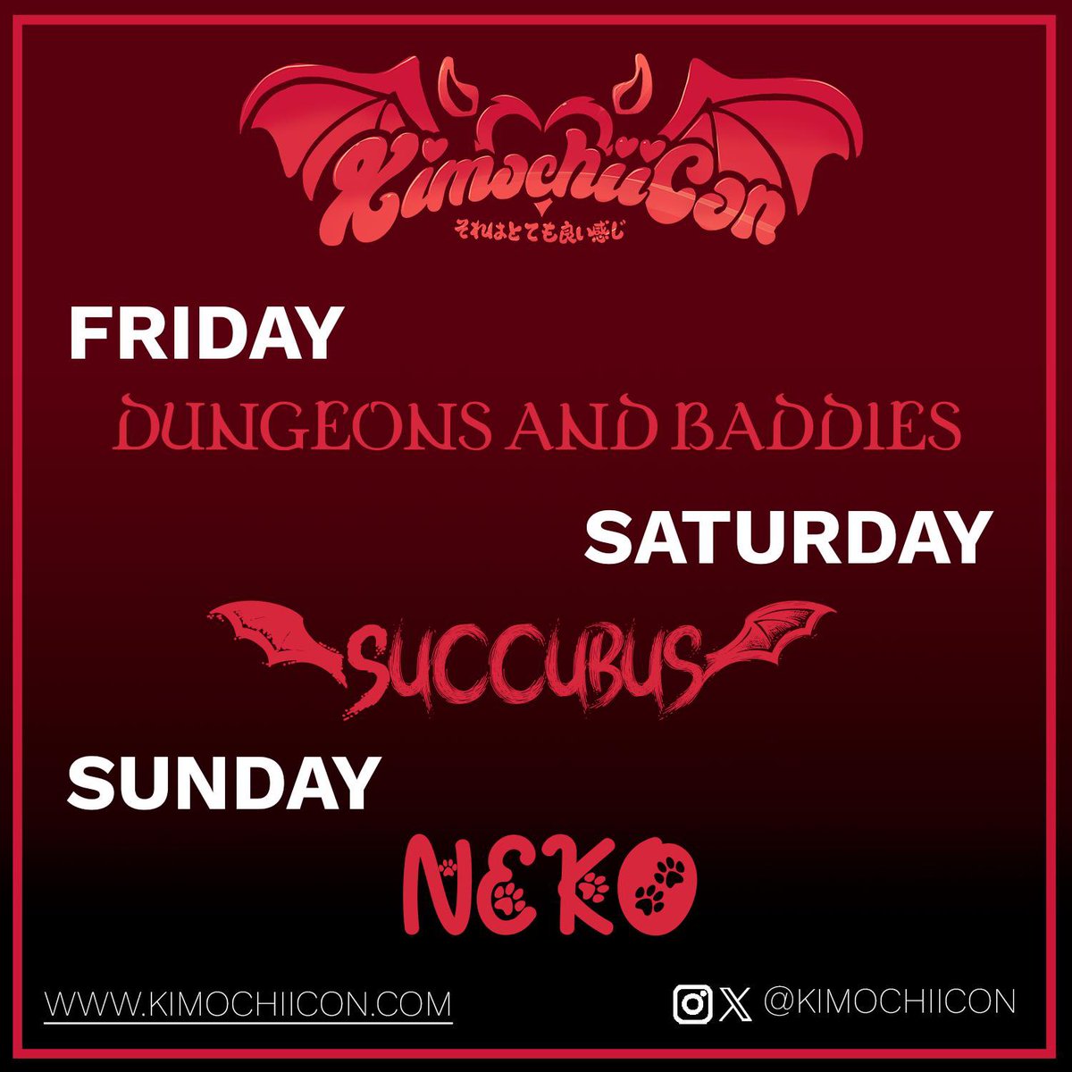 ❤️‍🔥THEMED DAYS❤️‍🔥 Need ideas on what to wear? We've got you (un)covered with our official themed days! 👇 Friday: Dungeons and Dragons 🐉 Saturday: Succubi and Incubi 😈 Sunday: Neko 🐈‍⬛ 🐾