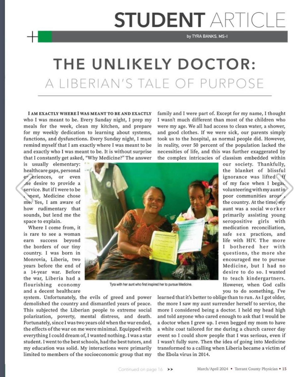 Tyra Banks, MS1 published an inspiring piece in the latest issue of Tarrant County Physician. It is a reflection of her unique journey in finding and pursuing her passion for medicine. 🩺 View the following link for the full article: flipsnack.com/79A98CEEFB5/ta…